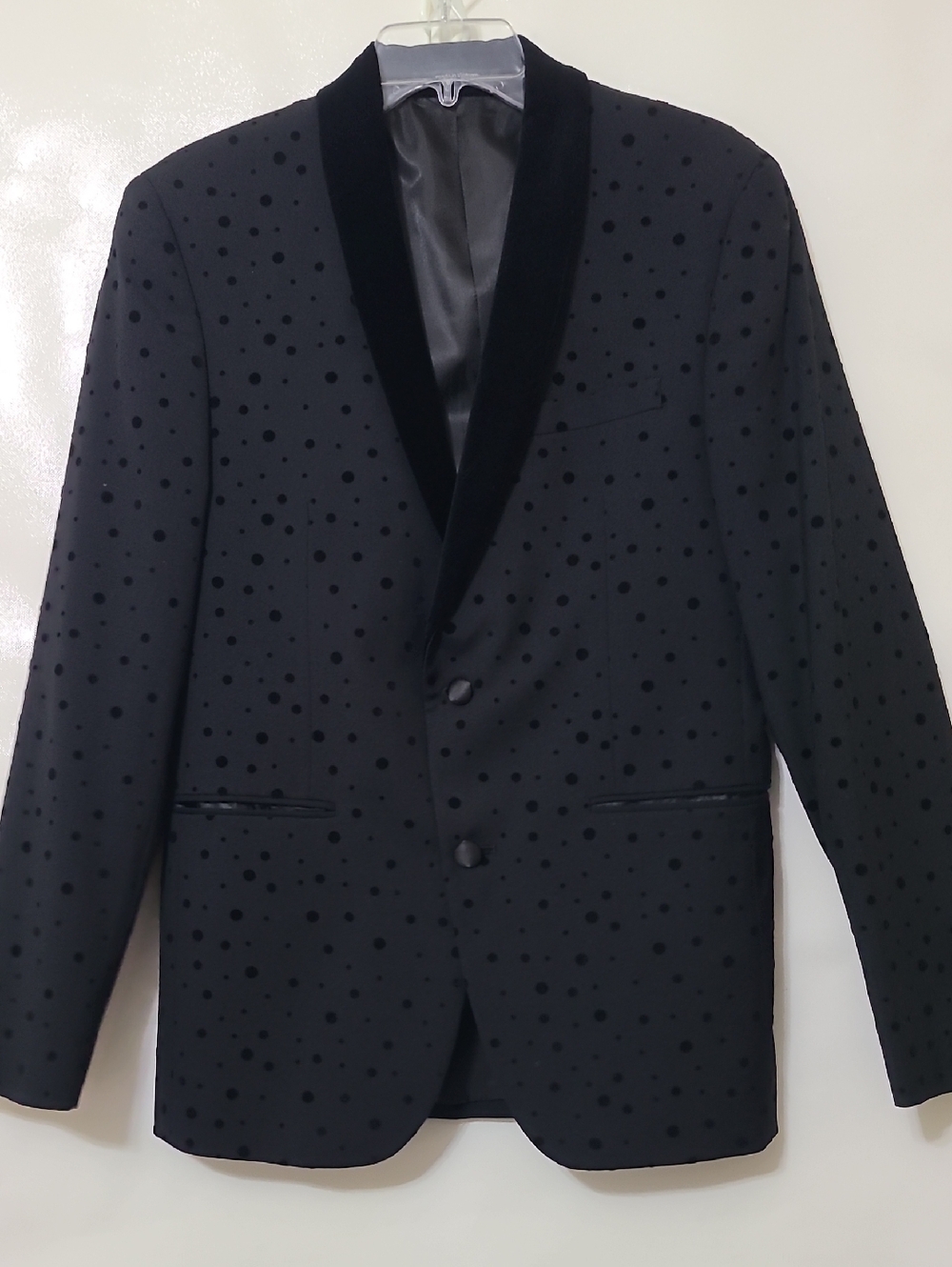 Bar III Men's Slim Fit Black Polka Dot Velvet-Trim 2-Button Blazer Jacket - 38R